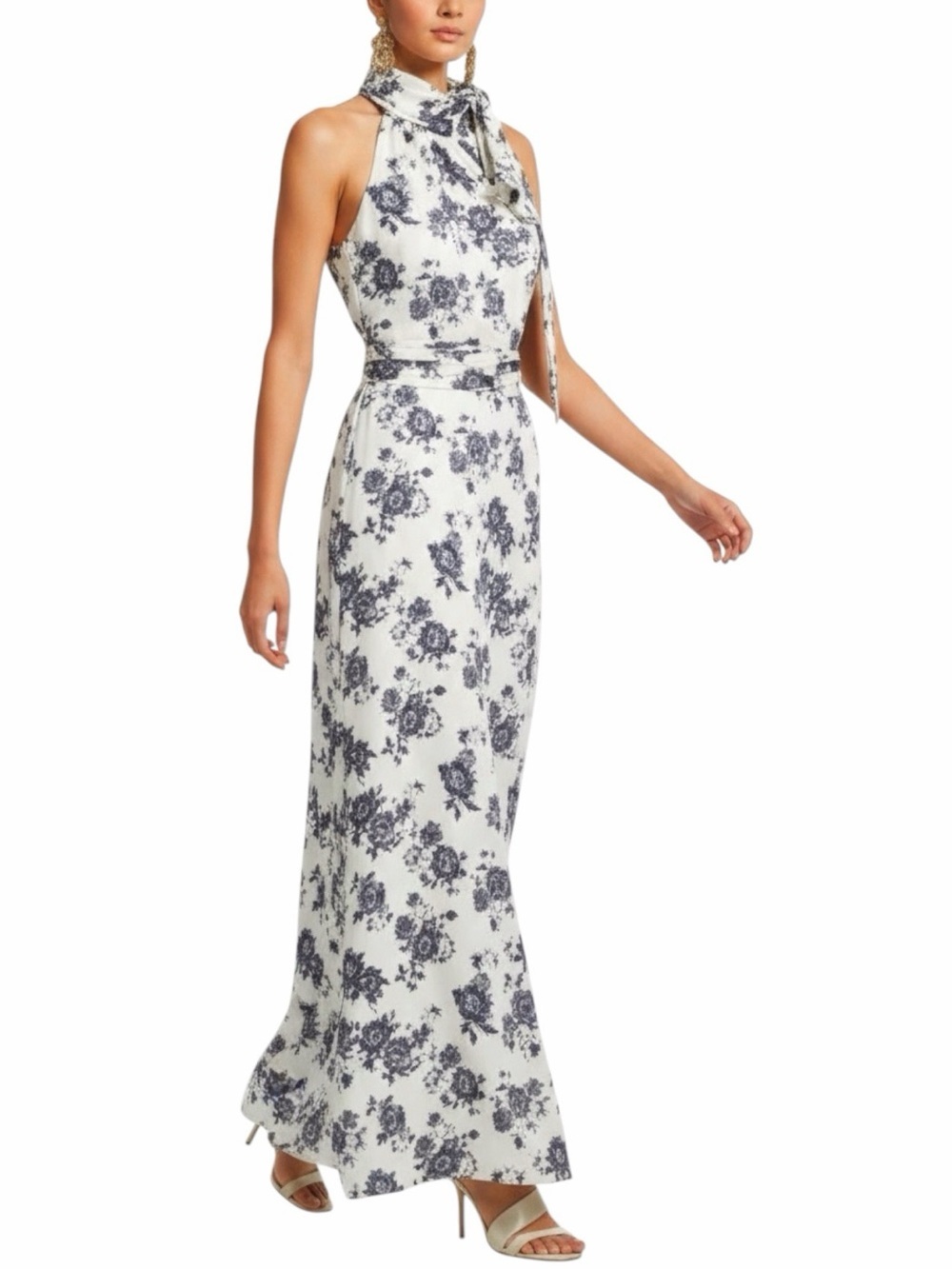 NWT SACHIN + BABI White & Navy Floral Sleeveless Tie Neck Gown Dress Size 2